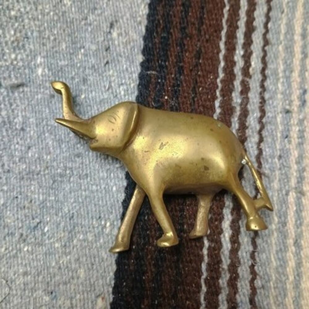 Brass Elephant Vintage MCM Tusk Raised Trunk Small Statue Figurine 60s 70s Luck